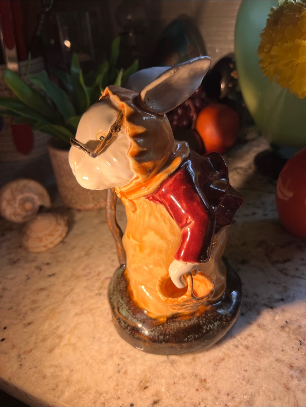 Hard to Find Ceramic White Rabbit in Granny outfit cane & basket